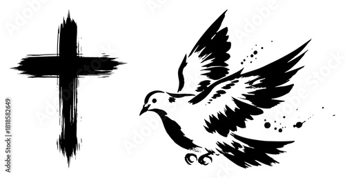 Grunge religious symbols set with brush stroke Christian cross and dynamic flying dove with ink splatter details vector sketch
