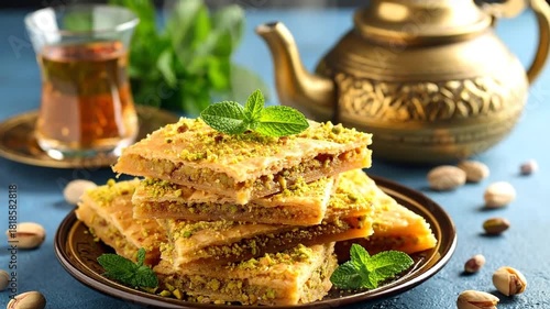 Delicious Baklava with Tea and Pistachios, Close-Up