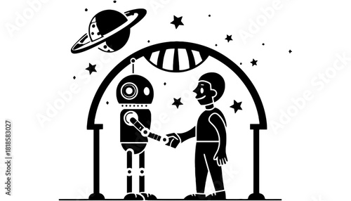 Human shaking hands with robot under arch with planet and stars above