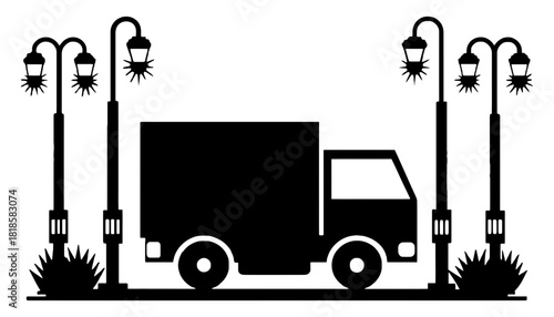 Black silhouette of a truck between street lamps on a white background