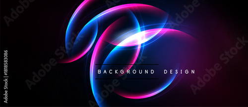 Abstract neon shapes overlap, creating vibrant glowing effect. Dark background emphasizes bright colors, modern design element.