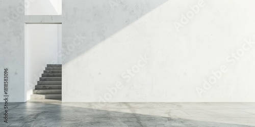 Minimal white textured wall, doorway with staircase, door, clean modern style