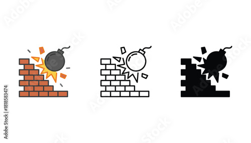 Three depictions of a bomb exploding against a brick wall graphic