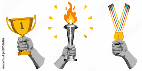 Hands holding trophy torch and medal representing victory and achievements
