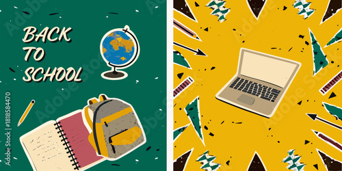 Back to school illustration with laptop backpack globe and school supplies