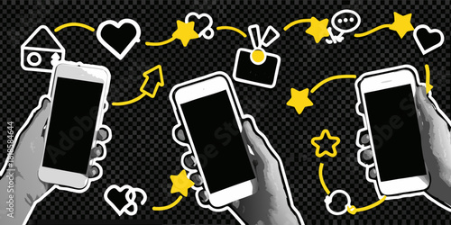 Connected devices and social media icons on transparent background