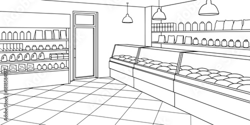 Grocery store shop interior black white graphic sketch illustration vector 