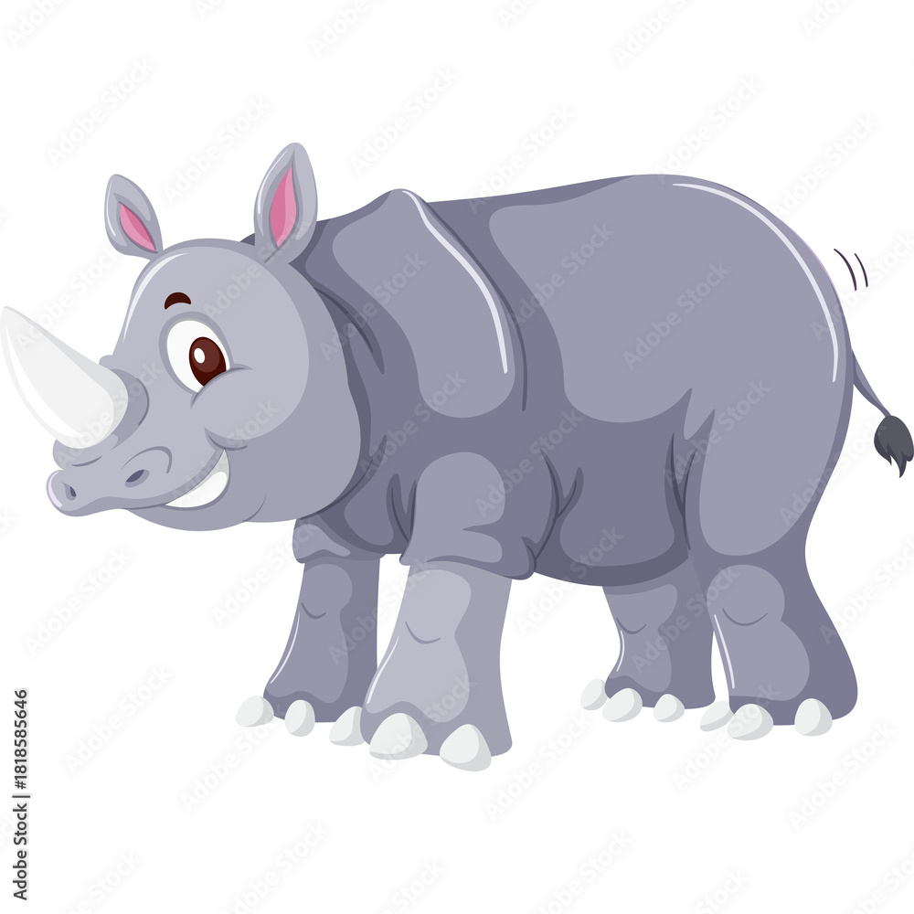 Fototapeta premium Cartoon Rhino with a White Horn Standing on a Transparent Background