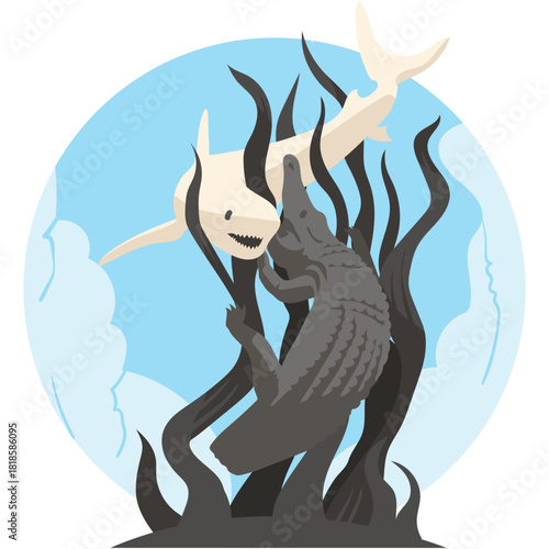 A stylized illustration of a dark crocodile attacking a white shark in an aquatic environment surrounded by dark seaweed.