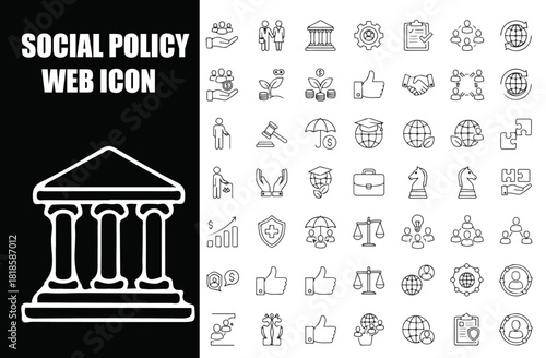 Social Policy Line Icons Set: Collection of Linear Icons for Healthcare Services, Family Protection, Education, Law, Insurance and Social Reform with Editable Stroke