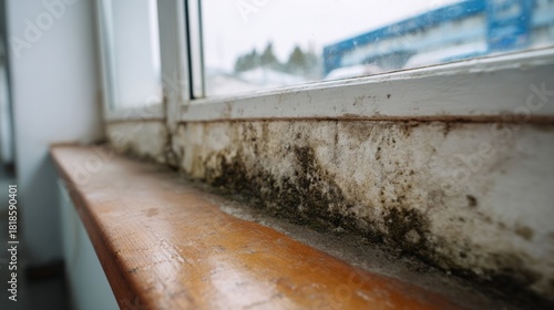 Close-up of mold and mildew along a window sill, highlighting the impact of moisture in indoor spaces.
