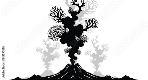 Volcanic eruption spews dark smoke and surreal tree-like formations into the sky