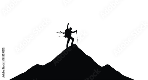 Silhouette of a triumphant hiker celebrating on a mountain summit against a bright sky.