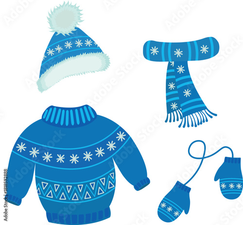 Vector set of winter clothes, consisting of a knitted hat, scarf, mittens and a sweater. Cozy winter clothes, necessary for warmth and being stylish. Design elements of cliparts for winter clothes