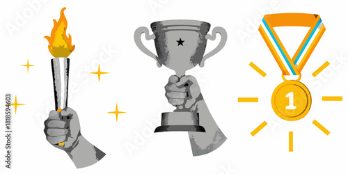 Achievement and success illustration with trophy torch and gold medal