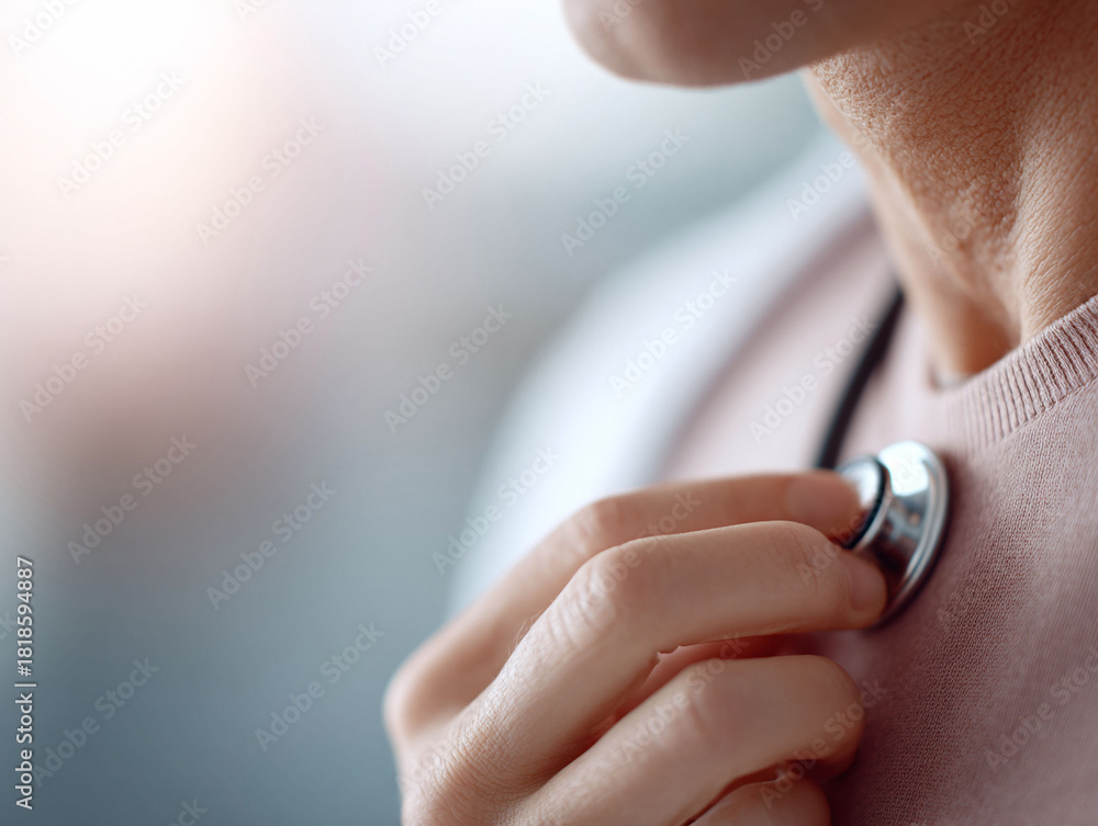 Fototapeta premium Closeup shot of a person using a stethoscope on their chest, symbolizing selfcare, health awareness, or medical examination. Soft light creates a gentle, clinical feel.