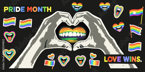 Pride month celebration with rainbow hearts flags and hand heart gesture