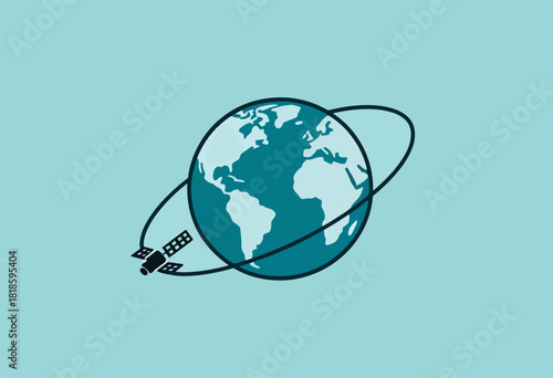 Earth with dark continents and orbiting satellite graphic, set against a teal background