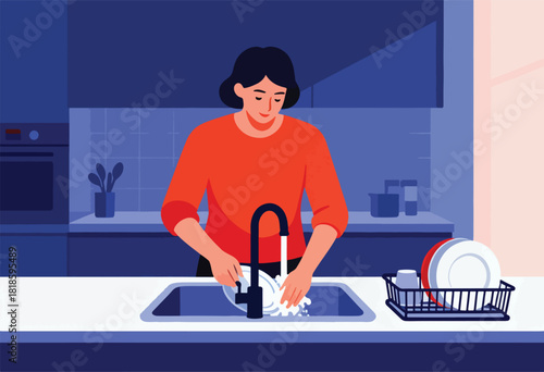 A woman in an orange shirt washes dishes at a kitchen sink, with a rack of plates nearby. Cool colors prevail