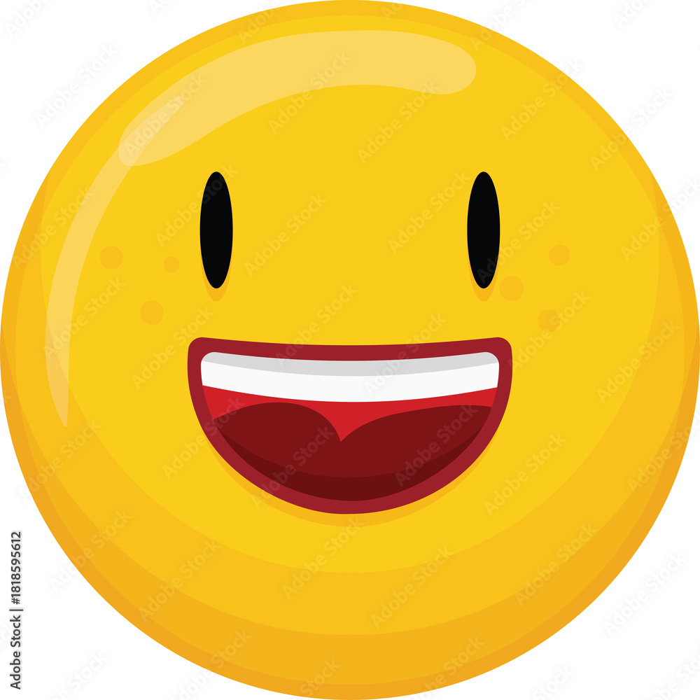 Fototapeta premium Cheerful yellow circle emoji face with wide smile and large open mouth showing white teeth and red gums with freckles and black oval eyes on a transparent background perfect for digital communication