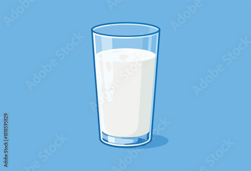 A glass of milk, a tall transparent container filled with a white liquid, set against a blue backdrop