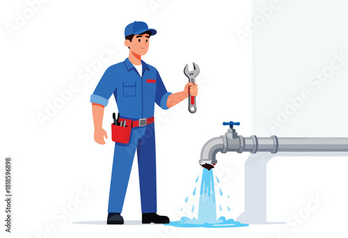 A cartoon plumber in blue overalls holds a wrench near a leaky pipe. Water gushes out on the floor