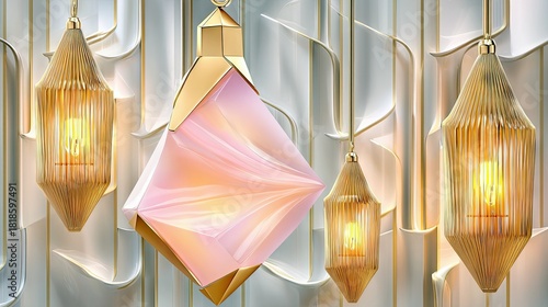 A close-up of decorative hanging objects, including golden lanterns and a pink crystal ornament, illuminated by warm internal light against a white and gold tex
