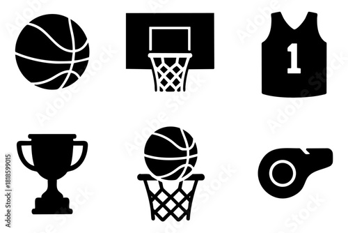 Basketball silhouette icons set, simple design, vector stock
