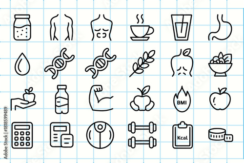 Doodle icons representing health fitness nutrition and wellness concepts