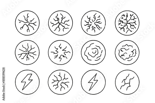 Abstract crack, fissure, and lightning bolt symbols representing damage, energy, and stress