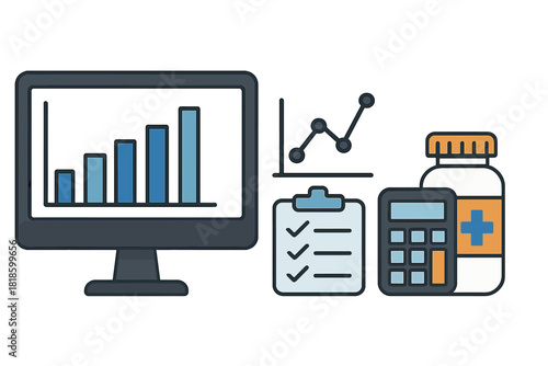 Healthcare data analysis and financial planning concepts with charts, calculator, and medicine bottle