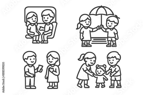 Simple outline graphics illustrating human relationships, social interactions, and daily life situations