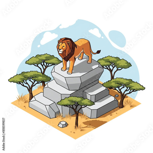 Isometric illustration of a lion standing atop a rock formation surrounded by trees in a savanna landscape.