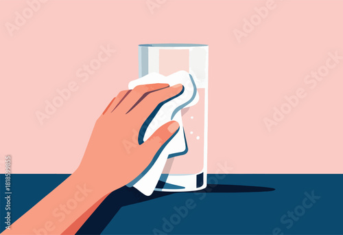A hand, holding a cloth, wiping the outside of a clear glass on a blue surface, pink background