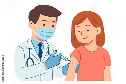 Healthcare worker wearing a protective mask administering a vaccine injection to a patient