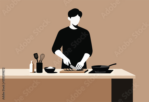 A minimalist illustration depicts a person preparing food at a kitchen counter