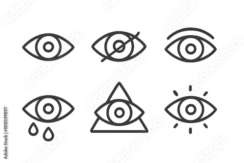 Outline eye symbols representing visibility, hidden state, crying, and all-seeing concept