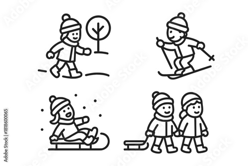 Simple line icons depicting children enjoying winter outdoor activities