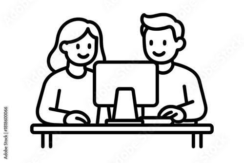 Two smiling colleagues working together at a desktop computer in a shared environment