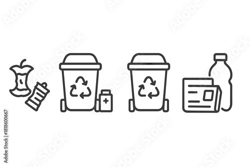 Collection of waste sorting symbols showing different types of garbage and appropriate bins