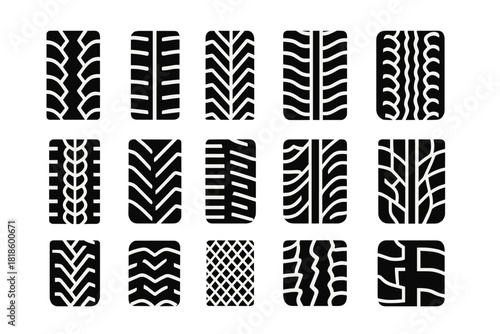 Collection of various car tire tread patterns and tracks for transportation design