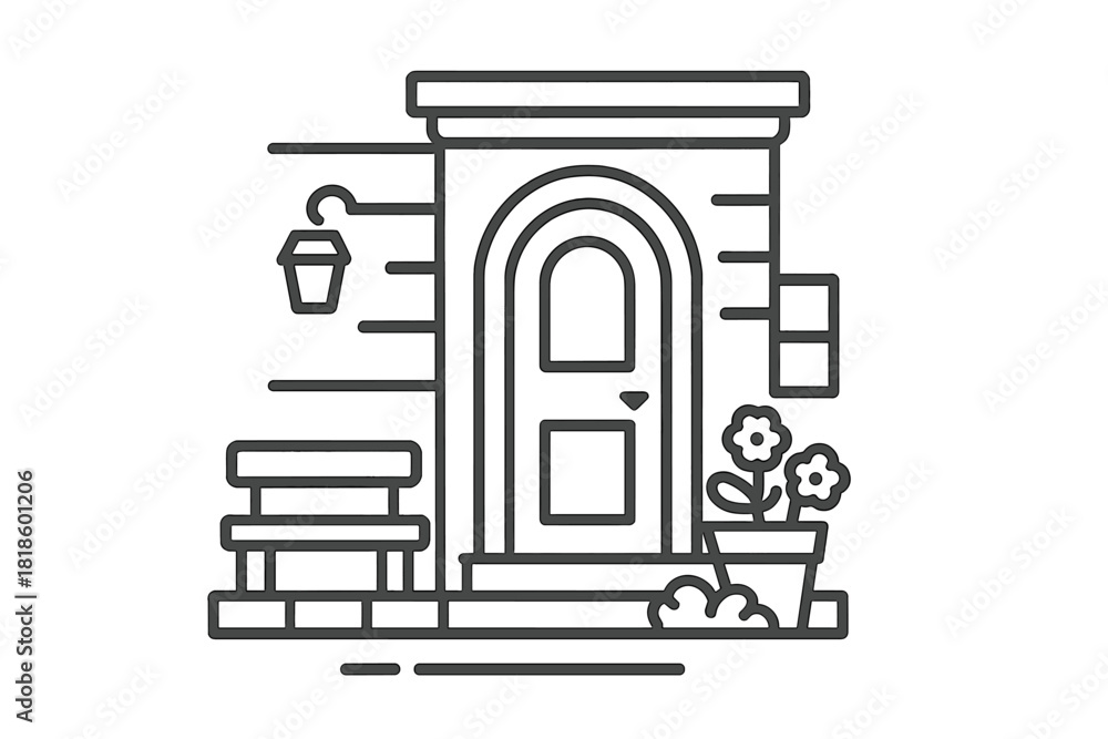 Fototapeta premium Simple outline of a house entrance with front door, small bench, and potted flowers