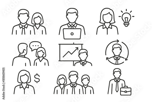Minimalist line icons representing business concepts like teamwork, finance, and professional roles
