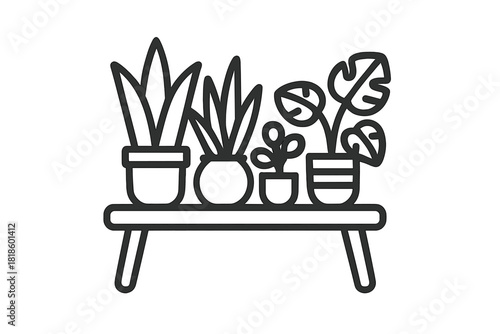 Collection of potted indoor houseplants displayed on a small shelf, rendered in minimalist line art