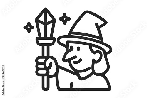 Minimalist black and white outline of a fantasy magician with a glowing crystal staff