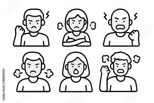 Six icons showing diverse people expressing anger, frustration, and intense emotion