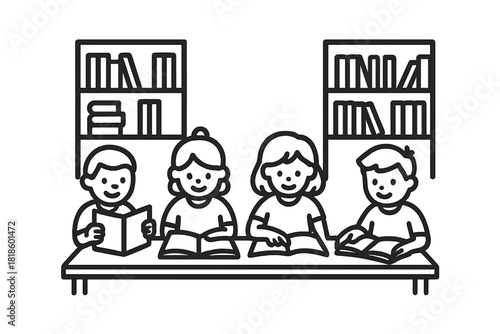 Young students reading books together at library table with bookshelves