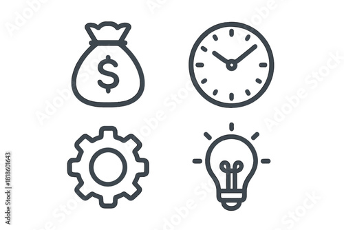 Set of business concept symbols including money bag, clock, gear, and lightbulb for finance and strategy