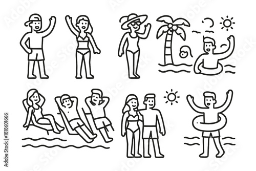Simple line icons showing people swimming, sunbathing, and relaxing during summer vacation