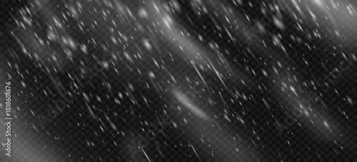 Snowstorm blizzard snow effect with transparent white falling snowflake overlay. Winter frozen texture for ice storm wind or cold sky night. Isolated png flake frost snowy pattern on black background